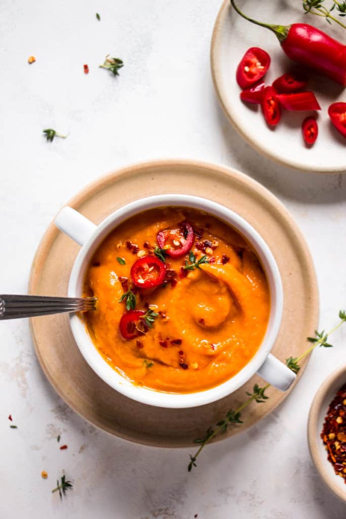 Spicy tomato soup with sweet potatoes and chili