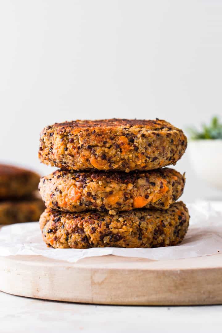 Vegan quinoa and kidney bean patties on a stack