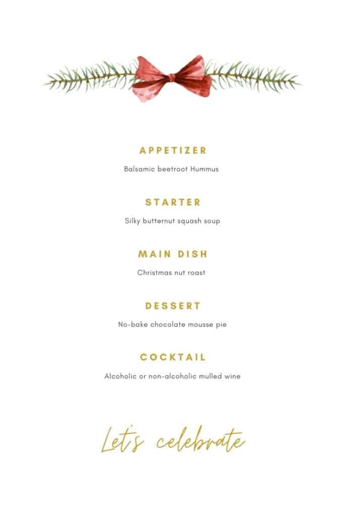 White christmas menu card with a red bow.