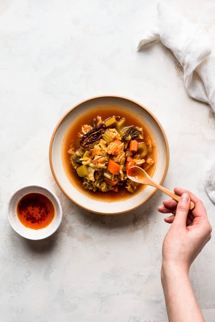 Spicy cabbage soup with chilli oil