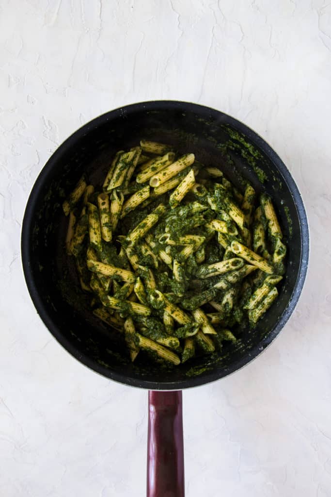 Lemon spinach pasta in a pan