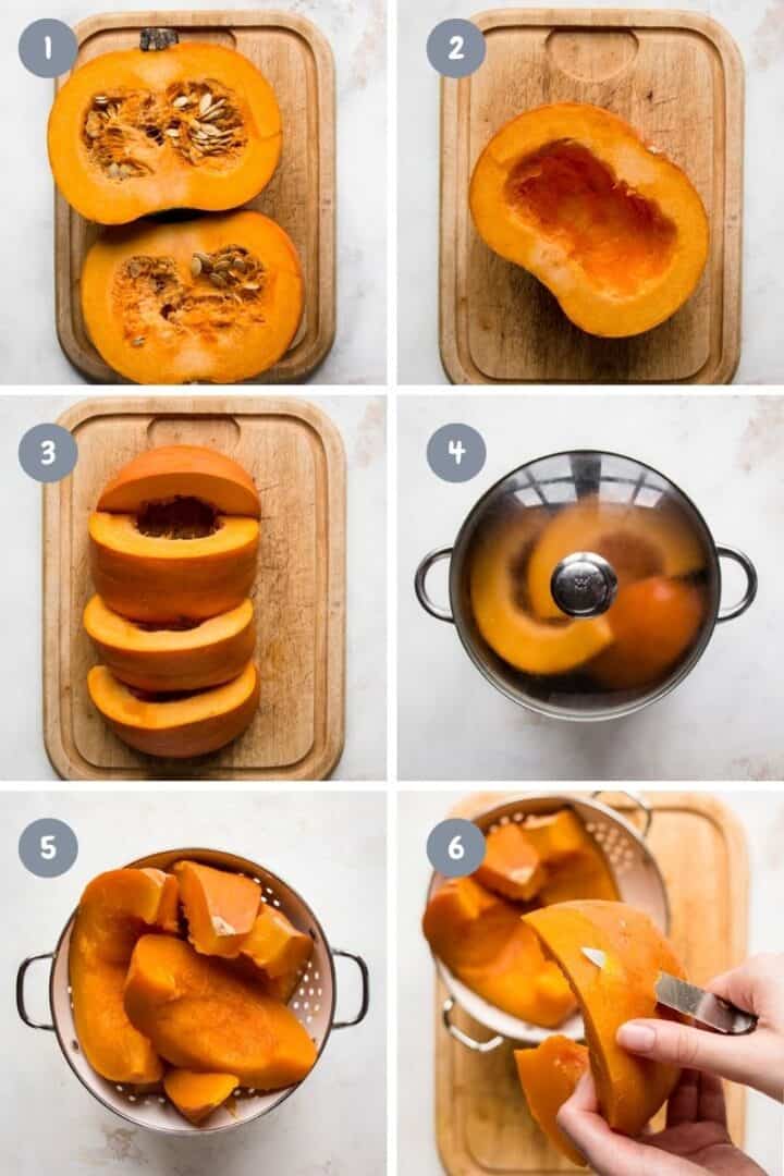 Step-by-step collage on how to cook pumpkin in water.