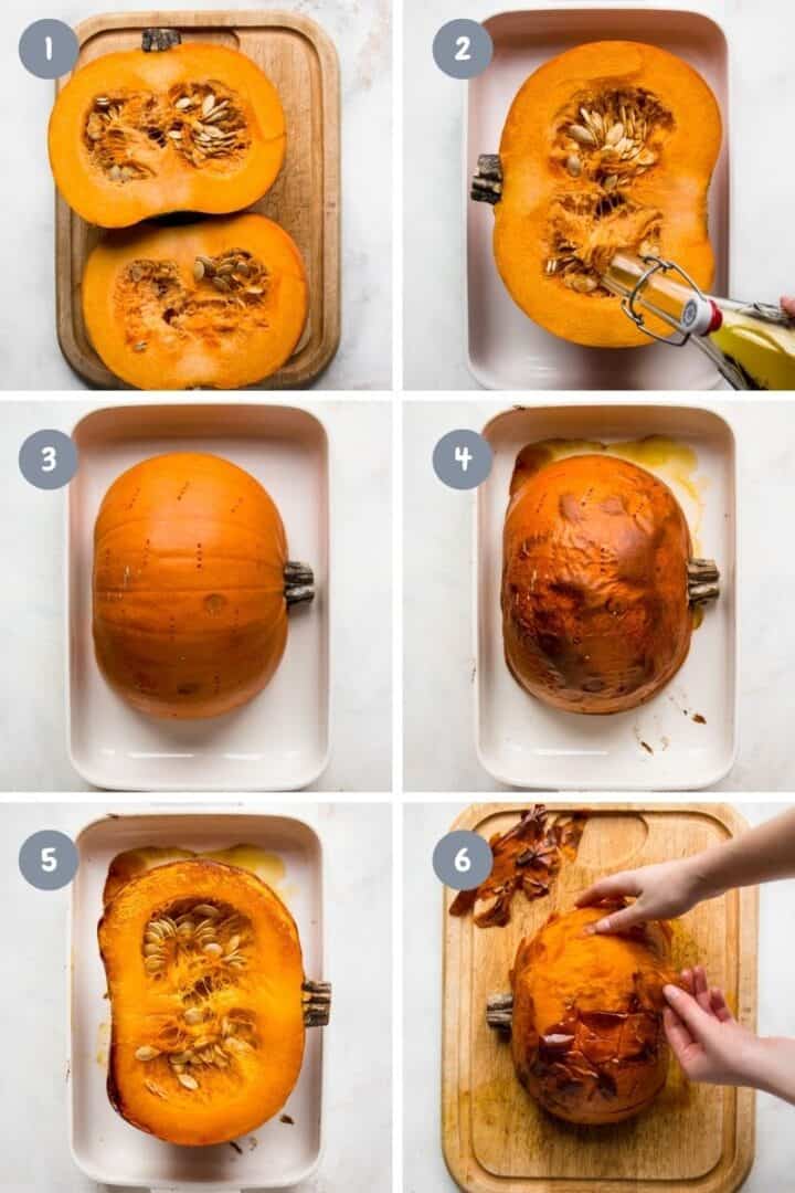 Step-by-step collage on how to roast pumpkin in the oven.