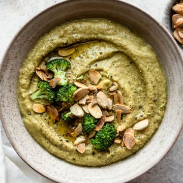 Bowl of broccoli almond soup.