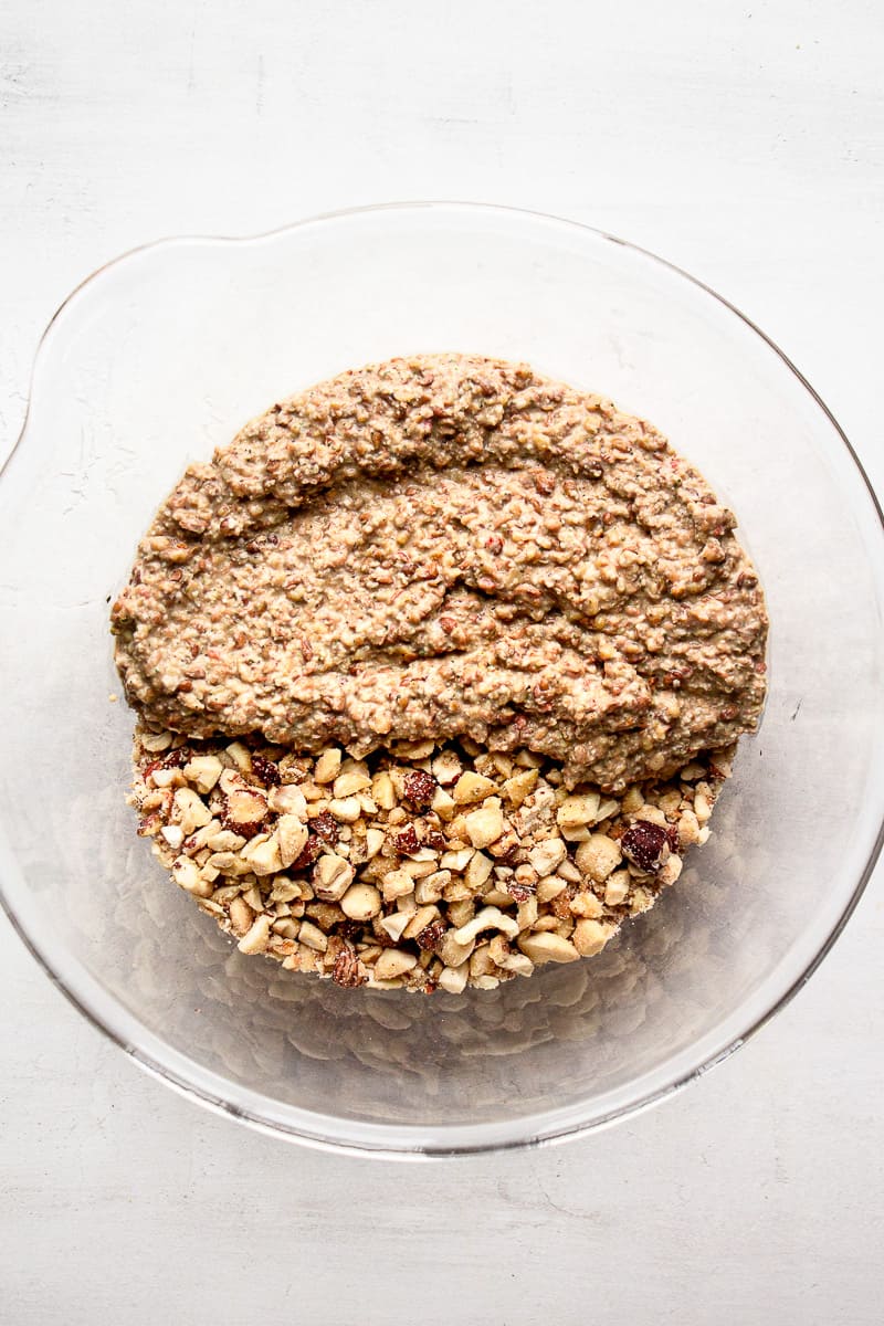 Lentil mixture and chopped nuts in a large mixing bowl.