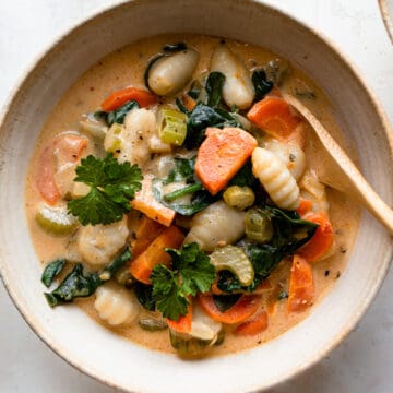 Vegan gnocchi soup in a bowl.