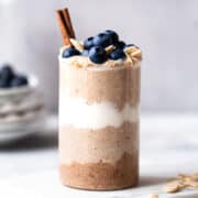 Protein overnight oats with almond butter and blueberries.