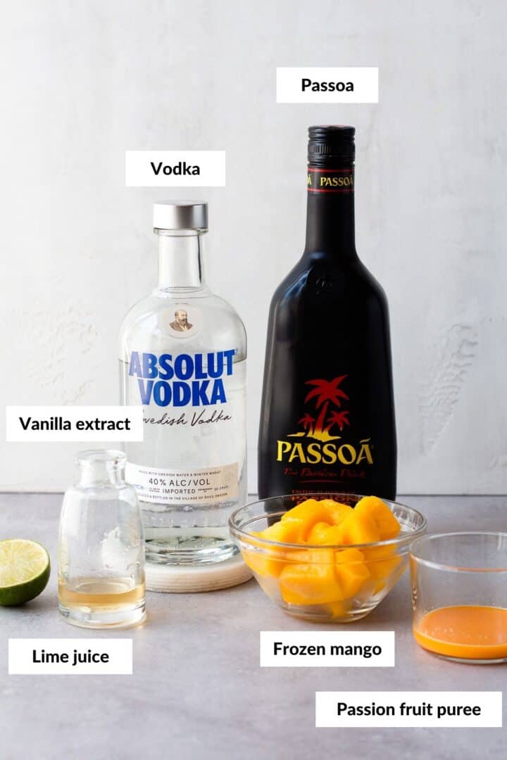 Ingredients for a frozen pornstar martini with descriptive labels.