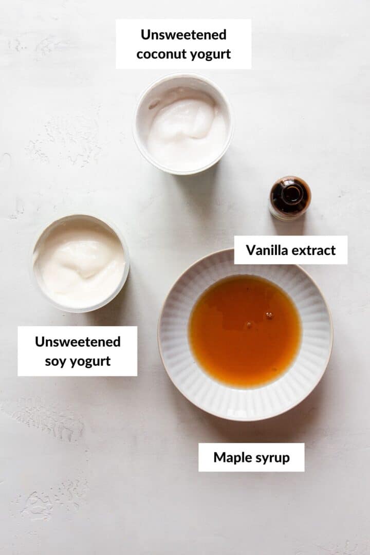 Ingredients for vegan frozen yogurt with descriptive labels.