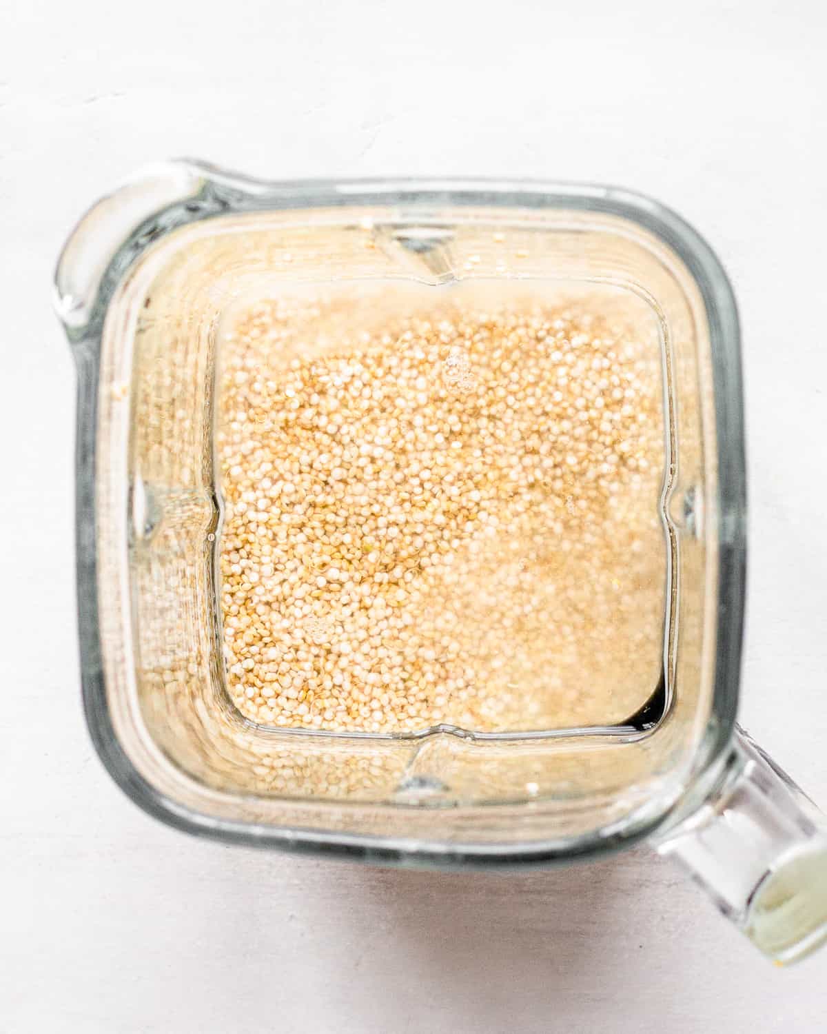 White quinoa, salt and water in a glass blender jar.