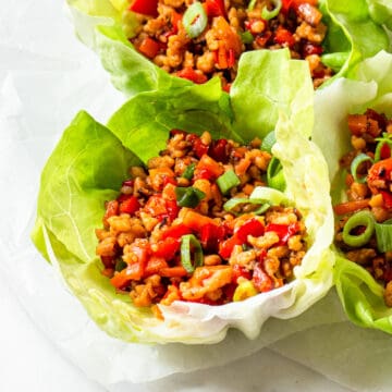 Butter lettuce leave filled with a soya mince, carrots, red peppers and green onion filling.