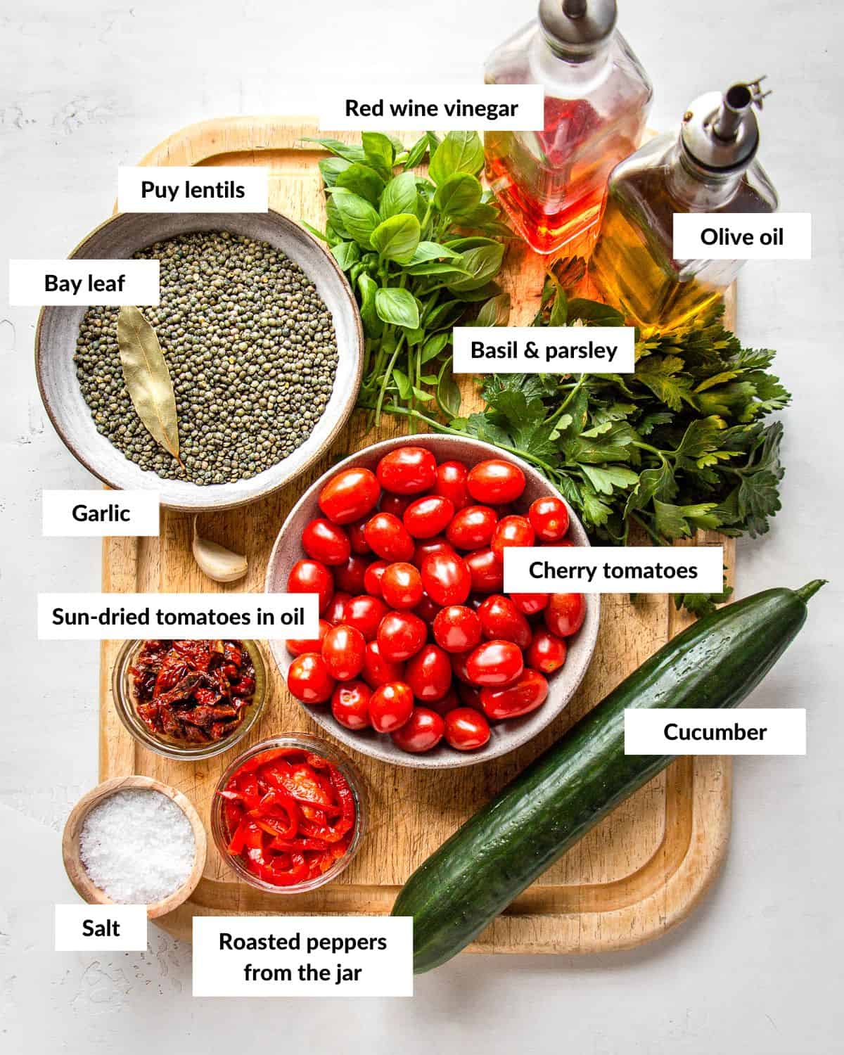 Ingredients for Puy lentil salad with descriptive labels.