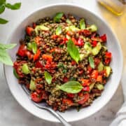 Puy lentil salad with cucumber, cherry tomatoes and fresh basil in a white bowl.