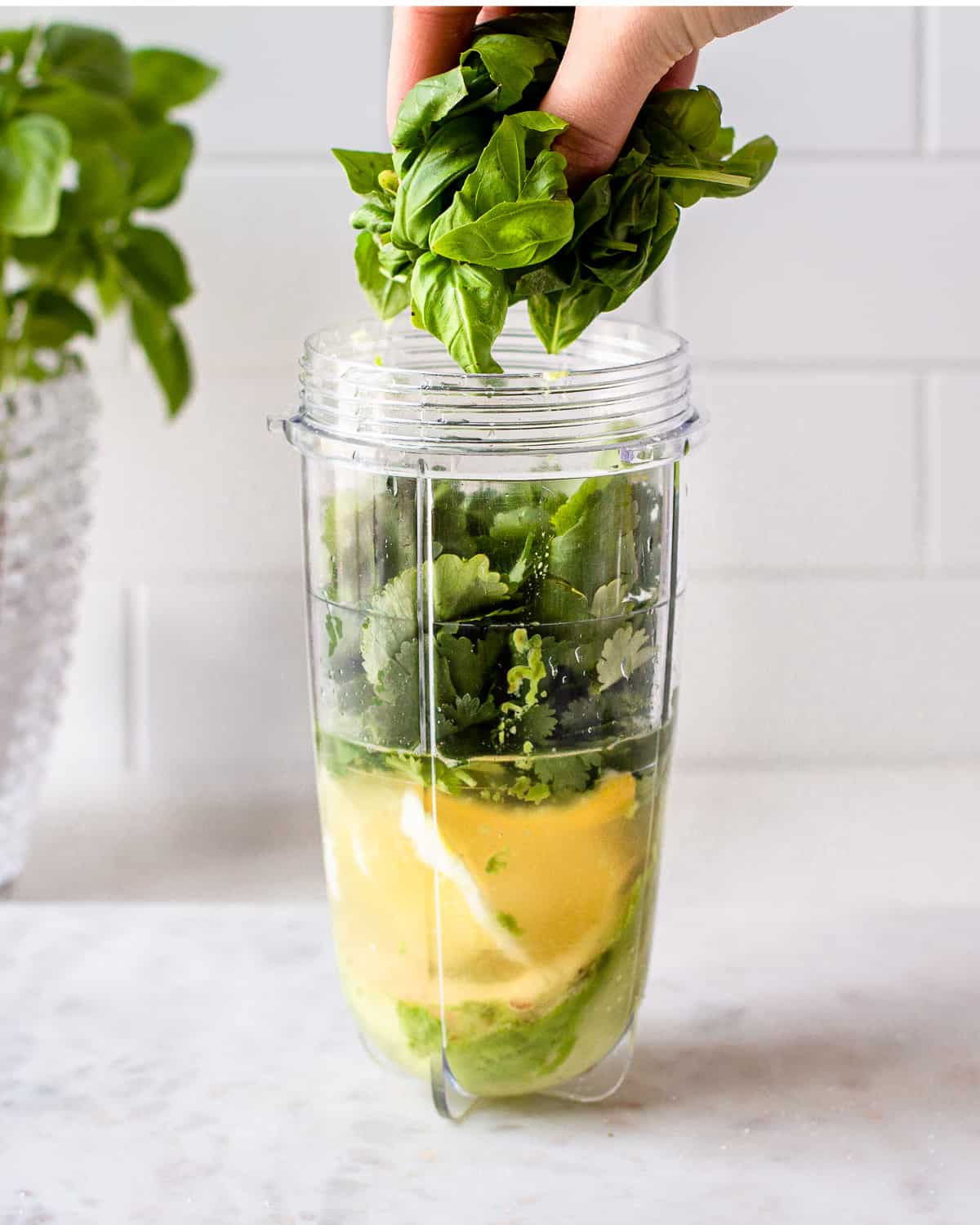 Hand adding fresh basil to a blender jar with lemon, cilantro, and oil.