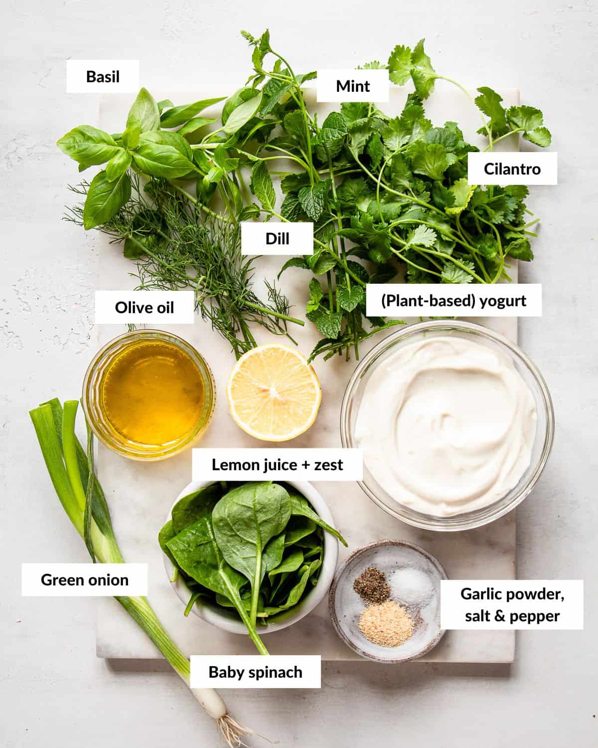Ingredients for a green salad dressing with descriptive labels.