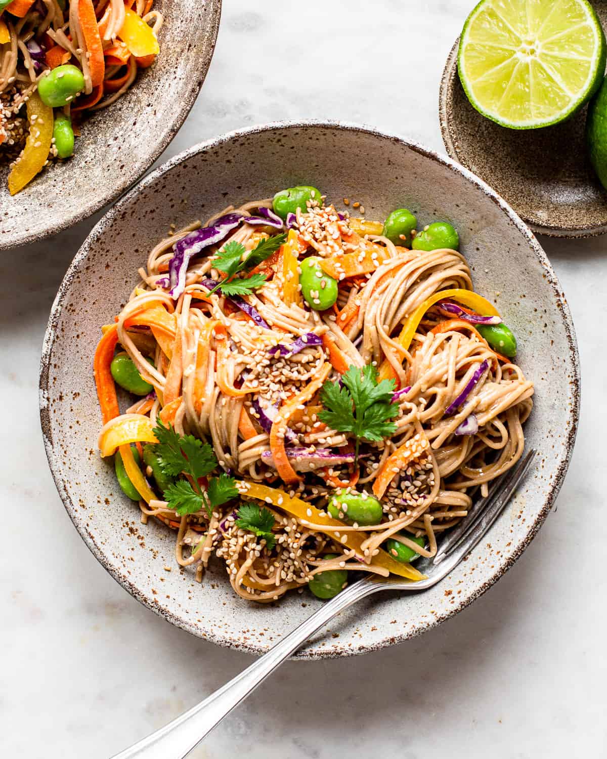 Buckwheat noodle salad in a grey ceramic bowl topped with sesame seeds and fresh cilantro.
