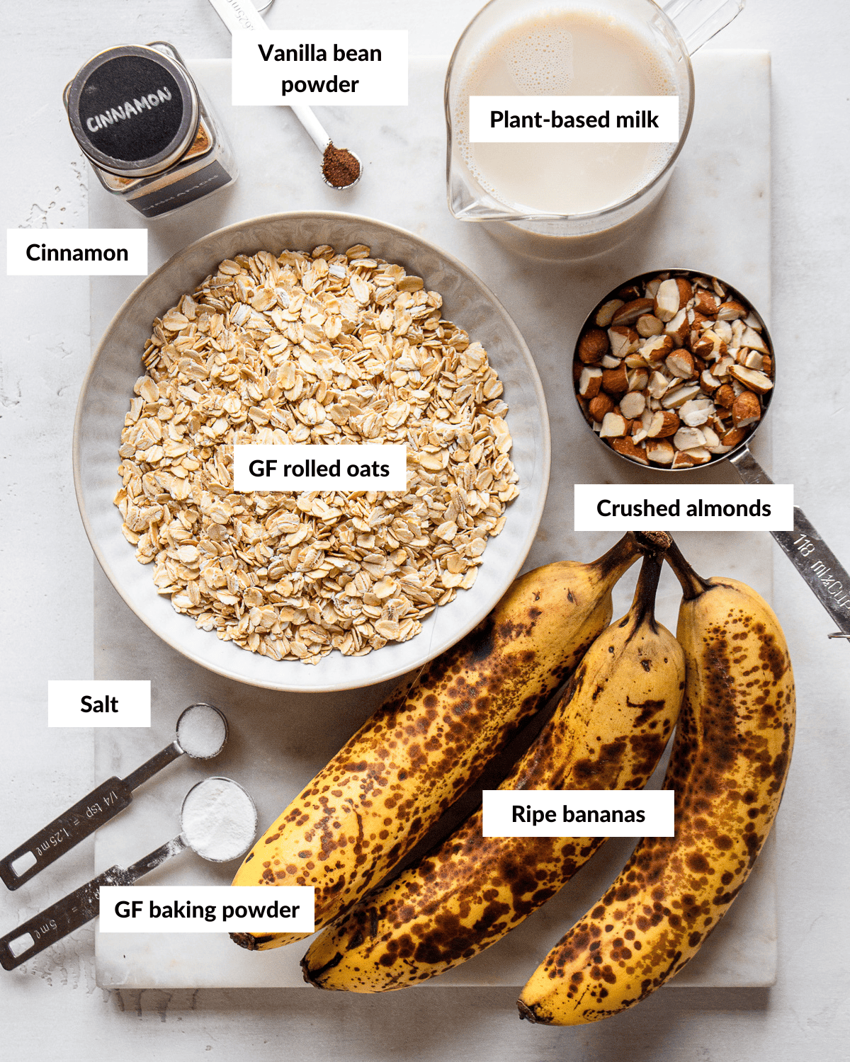 Ingredients for banana baked oatmeal with descriptive labels.