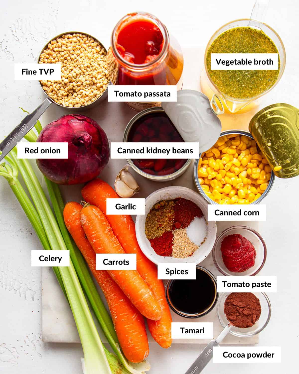 Ingredients for a vegan chili with descriptive labels.